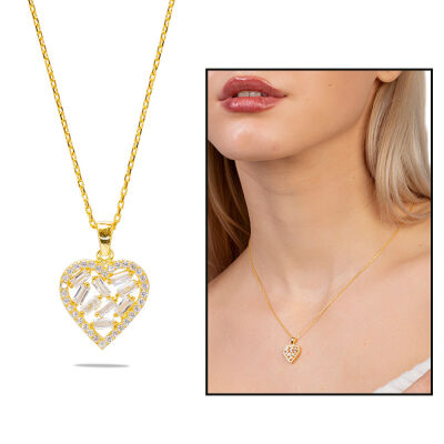 Beyaz Zirkon Taşlı Kalp Tasarım Gold Renk 925 Ayar Gümüş Kadın Kolye - 1