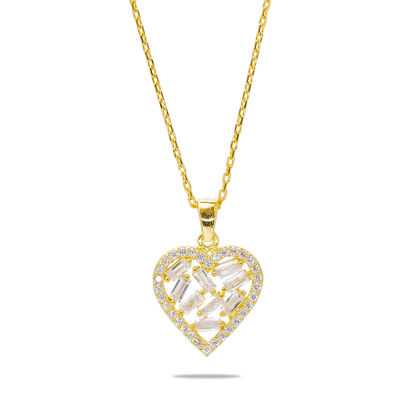 Beyaz Zirkon Taşlı Kalp Tasarım Gold Renk 925 Ayar Gümüş Kadın Kolye - 3