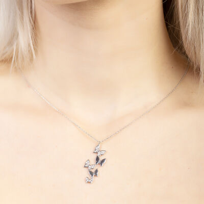 Beyaz Zirkon Taşlı Sıralı Kelebek Tasarım 925 Ayar Gümüş Kadın Kolye - 3