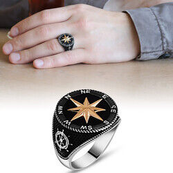 Black 925 Sterling Silver Compass Ring - 6
