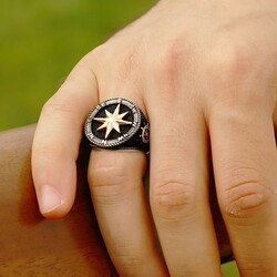 Black 925 Sterling Silver Compass Ring - Thumbnail