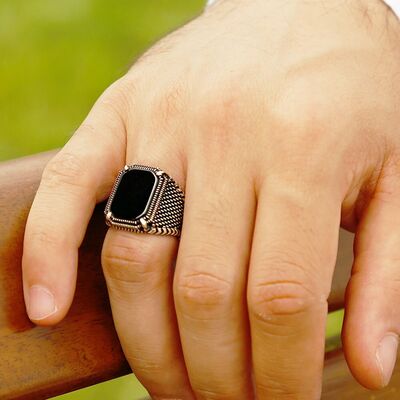 Black Angled Onyx 925 Sterling Silver Dot Embroidery Mens Ring - 4