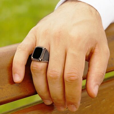 Black Angled Onyx 925 Sterling Silver Dot Embroidery Mens Ring