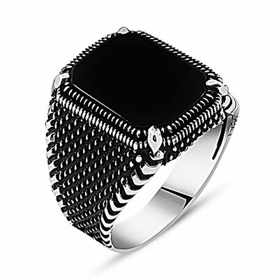 Black Angled Onyx 925 Sterling Silver Dot Embroidery Mens Ring