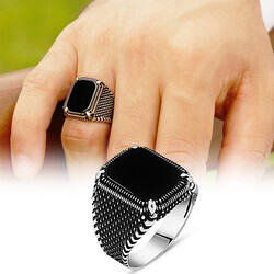 Black Angled Onyx 925 Sterling Silver Dot Embroidery Mens Ring - Thumbnail