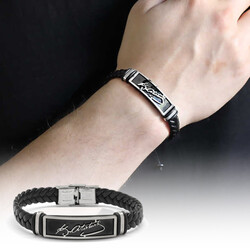 Black Combination Men's Leather And Steel Bracelet With Atatürk Signature Design - 1