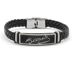 Black Combination Men's Leather And Steel Bracelet With Atatürk Signature Design - 3