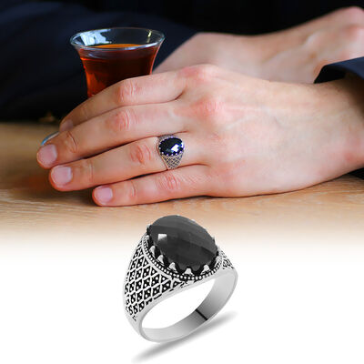 Black Cubic Zirconia Stone Oval Design Dot Pattern 925 Sterling Silver Mens Ring - 1