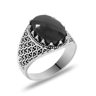 Black Cubic Zirconia Stone Oval Design Dot Pattern 925 Sterling Silver Mens Ring - 3