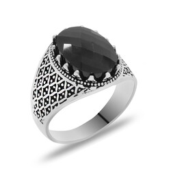 Black Cubic Zirconia Stone Oval Design Dot Pattern 925 Sterling Silver Mens Ring - Thumbnail