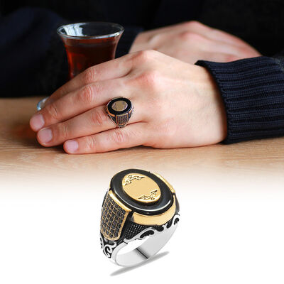 Black Onyx 925 Sterling Silver Mens Ring With Microzircon Bezel Personalized Name / Letter - 1