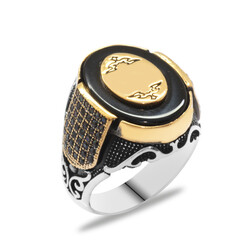 Black Onyx 925 Sterling Silver Mens Ring With Microzircon Bezel Personalized Name / Letter - 2