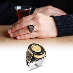 Black Onyx 925 Sterling Silver Mens Ring With Microzircon Bezel Personalized Name / Letter - Thumbnail