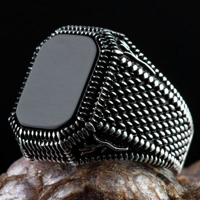 Black Onyx 925 Sterling Silver Square Mens Ring - 1