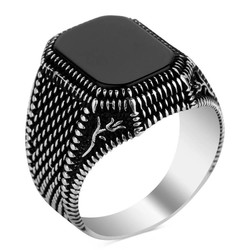 Black Onyx 925 Sterling Silver Square Mens Ring - 2