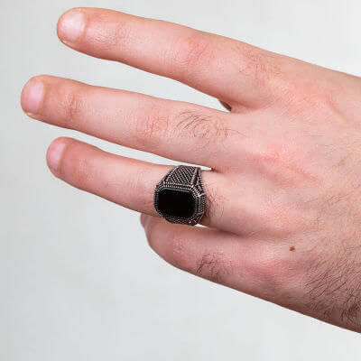 Black Onyx 925 Sterling Silver Square Mens Ring - 4