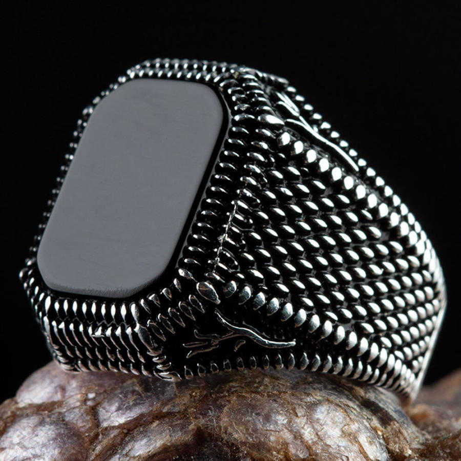 Black Onyx 925 Sterling Silver Square Mens Ring