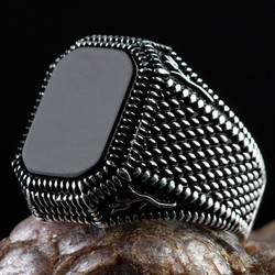 Black Onyx 925 Sterling Silver Square Mens Ring - Thumbnail