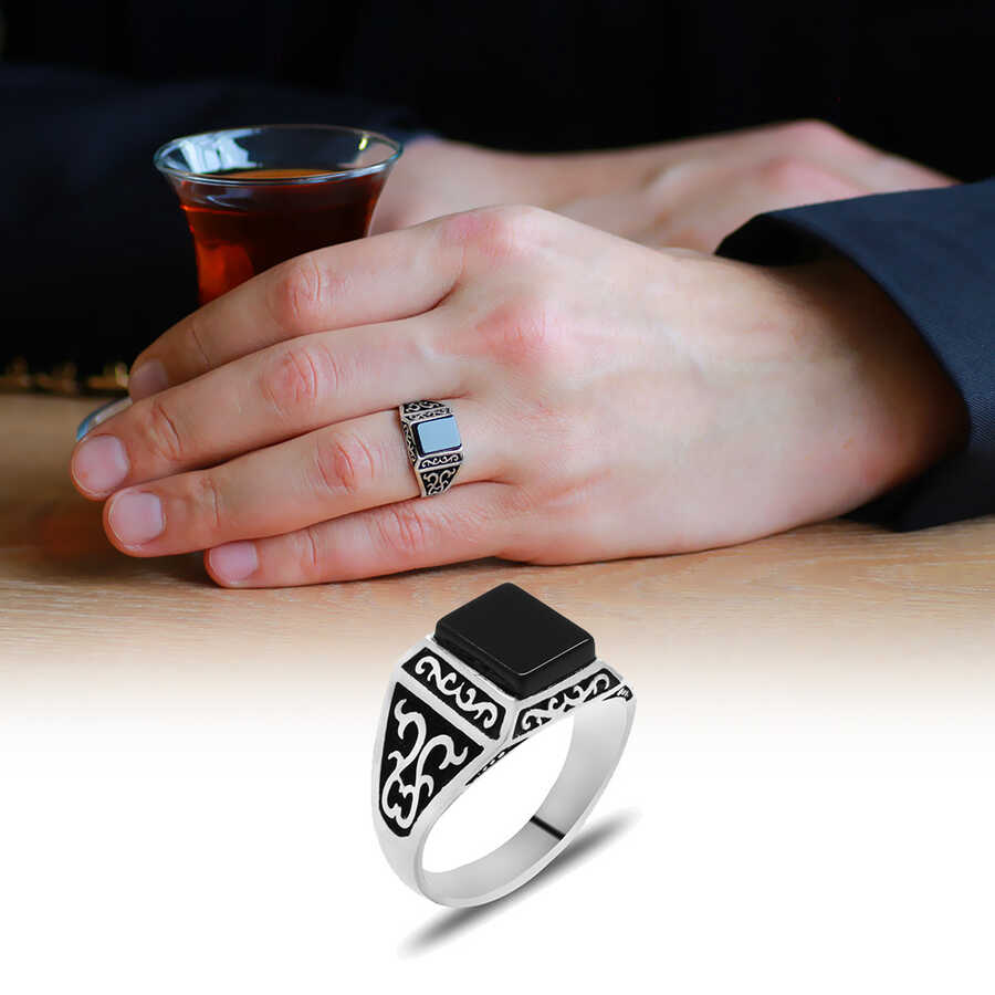 Black Onyx And İvy Motif 925 Sterling Silver Men's Ring