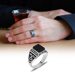 Black Onyx And İvy Motif 925 Sterling Silver Men's Ring - Thumbnail