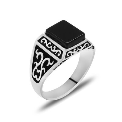 Black Onyx And İvy Motif 925 Sterling Silver Men's Ring