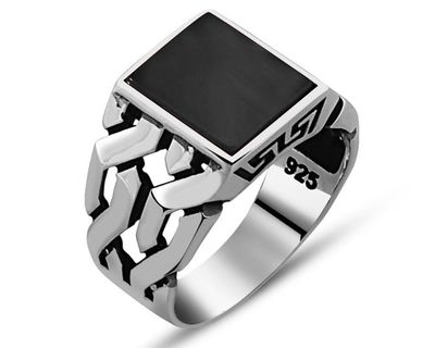 Black Onyx Chain Design 925 Sterling Silver Men's Ring - 1