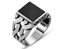 Black Onyx Chain Design 925 Sterling Silver Men's Ring - Thumbnail