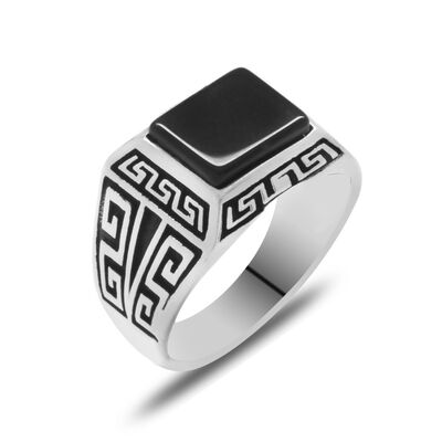 Black Onyx Labyrinth 925 Sterling Silver Mens Ring