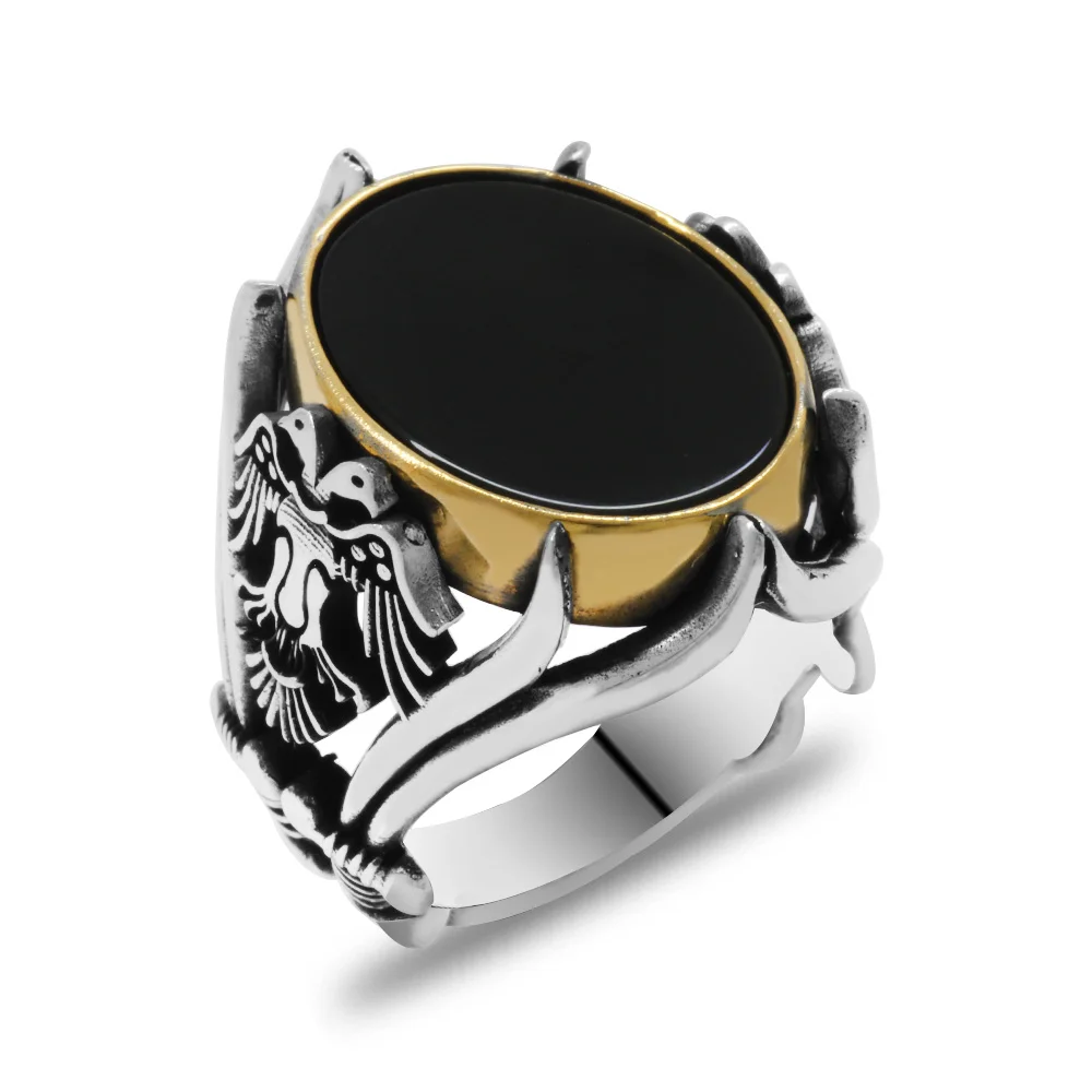 Black Onyx Stone Side Zülfikar Detail 925 Sterling Silver Men's Ring - 3