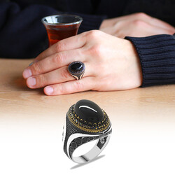 Black Onyx Stone With Micro Zircons Oval Design 925 Sterling Silver Mens Ring - Thumbnail