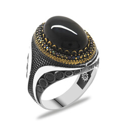 Black Onyx Stone With Micro Zircons Oval Design 925 Sterling Silver Mens Ring - Thumbnail