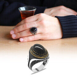 Black Onyx Stone With Micro Zircons Oval Design 925 Sterling Silver Mens Ring - 6