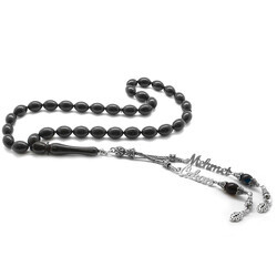 Black Squeezed Amber Tasbih 925 Sterling Silver Lettering With Tassel - Thumbnail