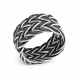Black White 1000 Sterling Silver Trabzon Handmade Knitted Kazaz Ring - Thumbnail