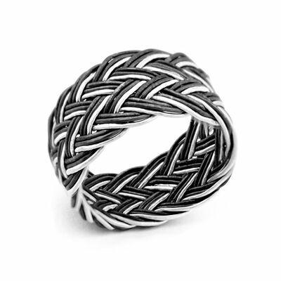 Black White 1000 Sterling Silver Trabzon Handmade Knitted Kazaz Ring - 2