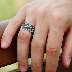 Black White 1000 Sterling Silver Trabzon Handmade Knitted Kazaz Ring - 4