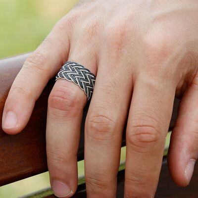 Black White 1000 Sterling Silver Trabzon Handmade Knitted Kazaz Ring - 4