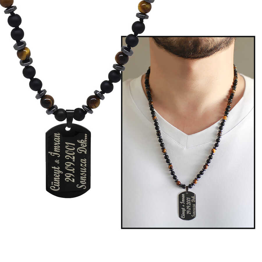 Black Woven Macrame Plate With Personalized Name / Message Lettering Men's Natural Tiger & Onyx Stone Necklace