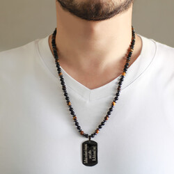Black Woven Macrame Plate With Personalized Name / Message Lettering Men's Natural Tiger & Onyx Stone Necklace - Thumbnail