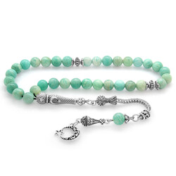 Blackened Metal With Barley Tassels Cut Turquoise Amazonite Natural Tasbih Stone - 1