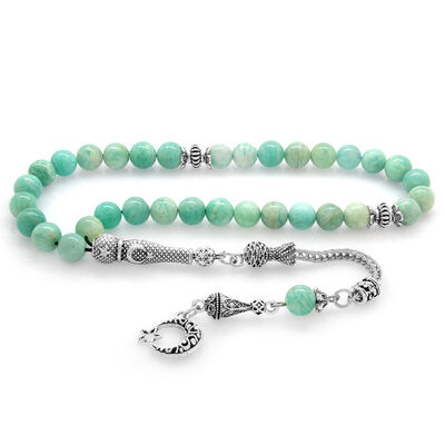 Blackened Metal With Barley Tassels Cut Turquoise Amazonite Natural Tasbih Stone - 1