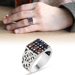 Blue Red Zirconia 925 Sterling Silver Mens Ring - Thumbnail