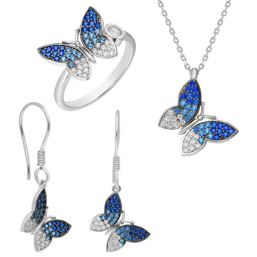 Blue-White Zircon Butterfly 925 Sterling Silver 3 Pcs Accessory Set
