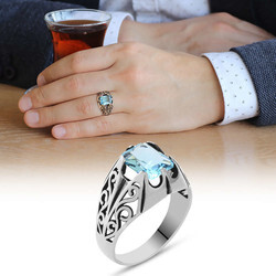 Blue Zirconia Minimal Design 925 Sterling Silver Men's Ring - Thumbnail
