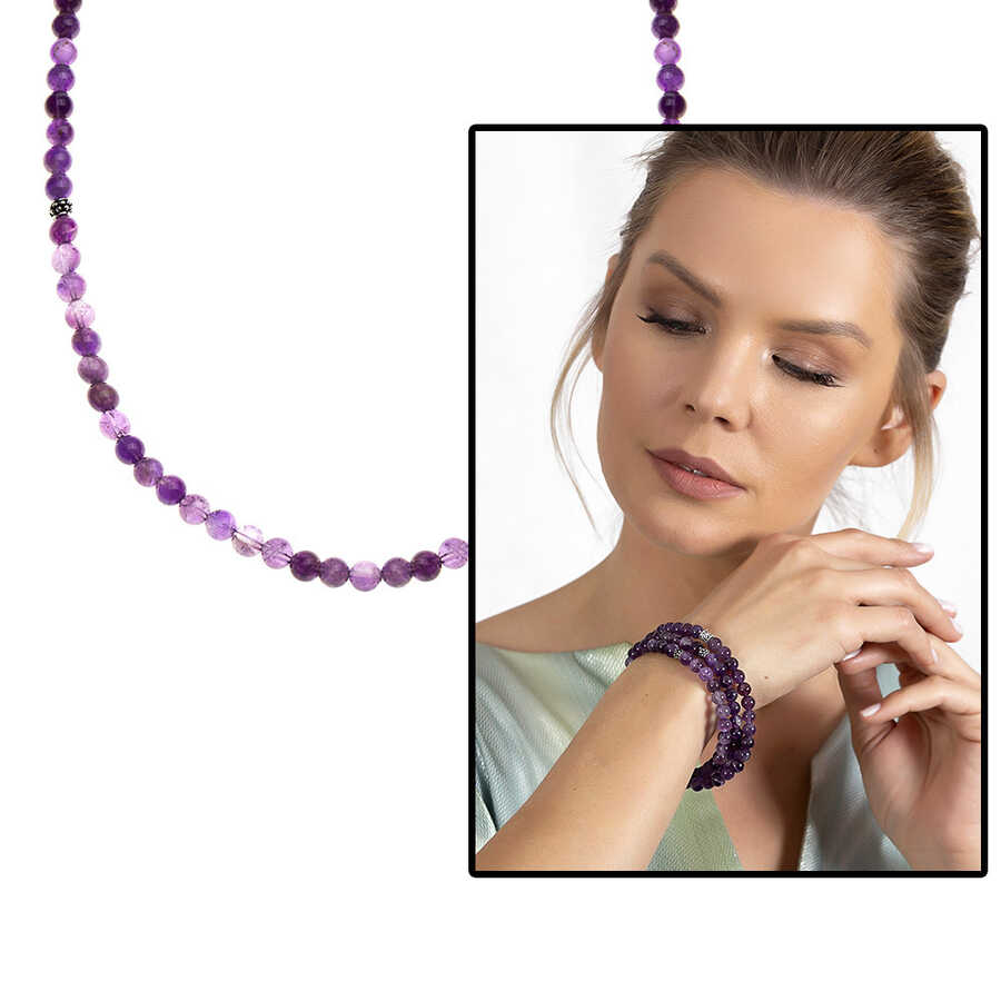 Both Bracelets - Necklace And Rosary 99'Purple Amethyst Natural Stone Jewelry