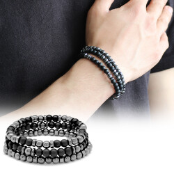 Bracelet Made Of A Combined Natural Stone With Black Onyx And Hematite With A Sphere Cut - 1