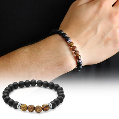Bracelet Made Of A Combined Natural Stone With Onyx And Tibetan Agate, Spherical Cut - 1