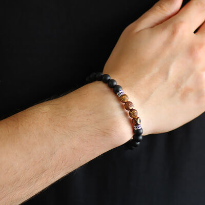 Bracelet Made Of A Combined Natural Stone With Onyx And Tibetan Agate, Spherical Cut - 3
