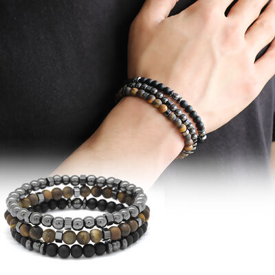 Bracelet Made Of Combined Natural Stone With Black Onyx, Tiger's Eye And Hematite With Sphere Cut - 1