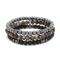 Bracelet Made Of Combined Natural Stone With Black Onyx, Tiger's Eye And Hematite With Sphere Cut - 3